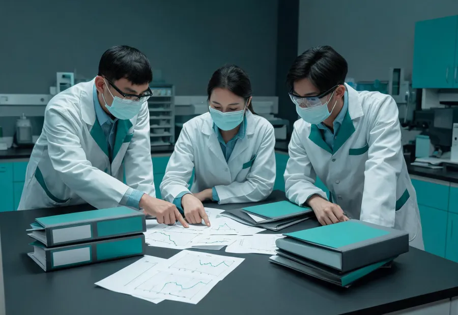 Laboratory team reviewing analyzer method validation records